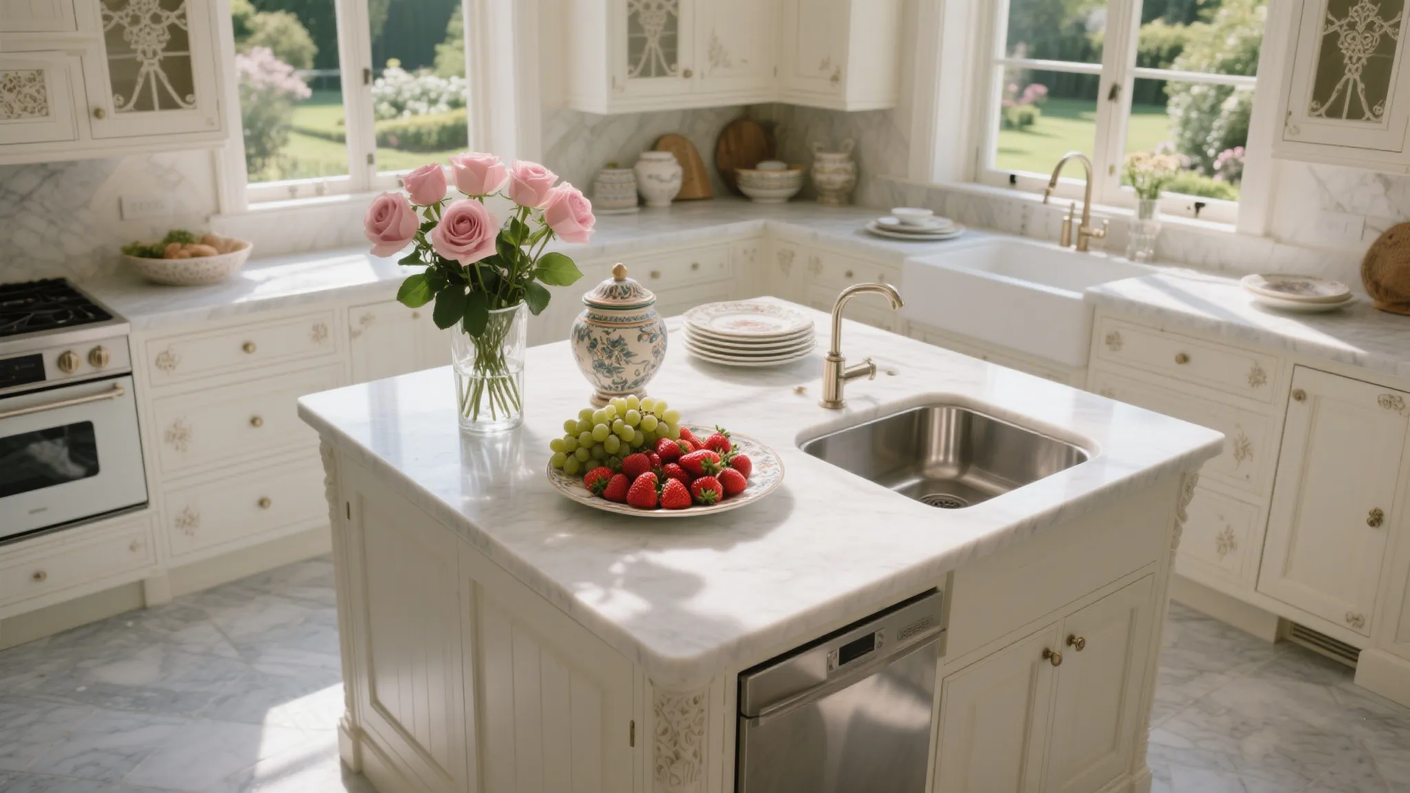 Modern kitchen with rectangular stainless steel sink embedded in white countertop with wooden cabinets below, silver faucet, and kitchen items including plates and bottles